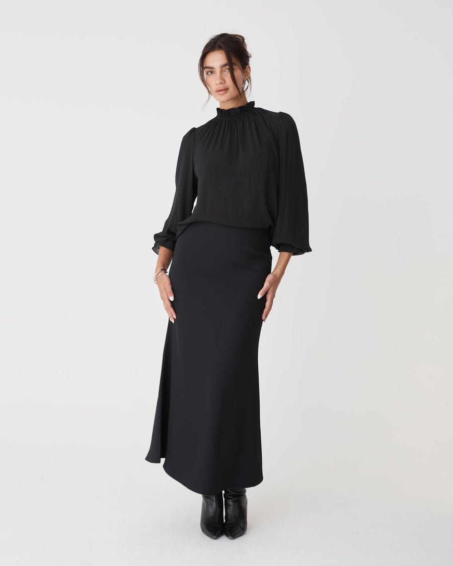 Hailey Frill Neck Blouse in black — full-length view
