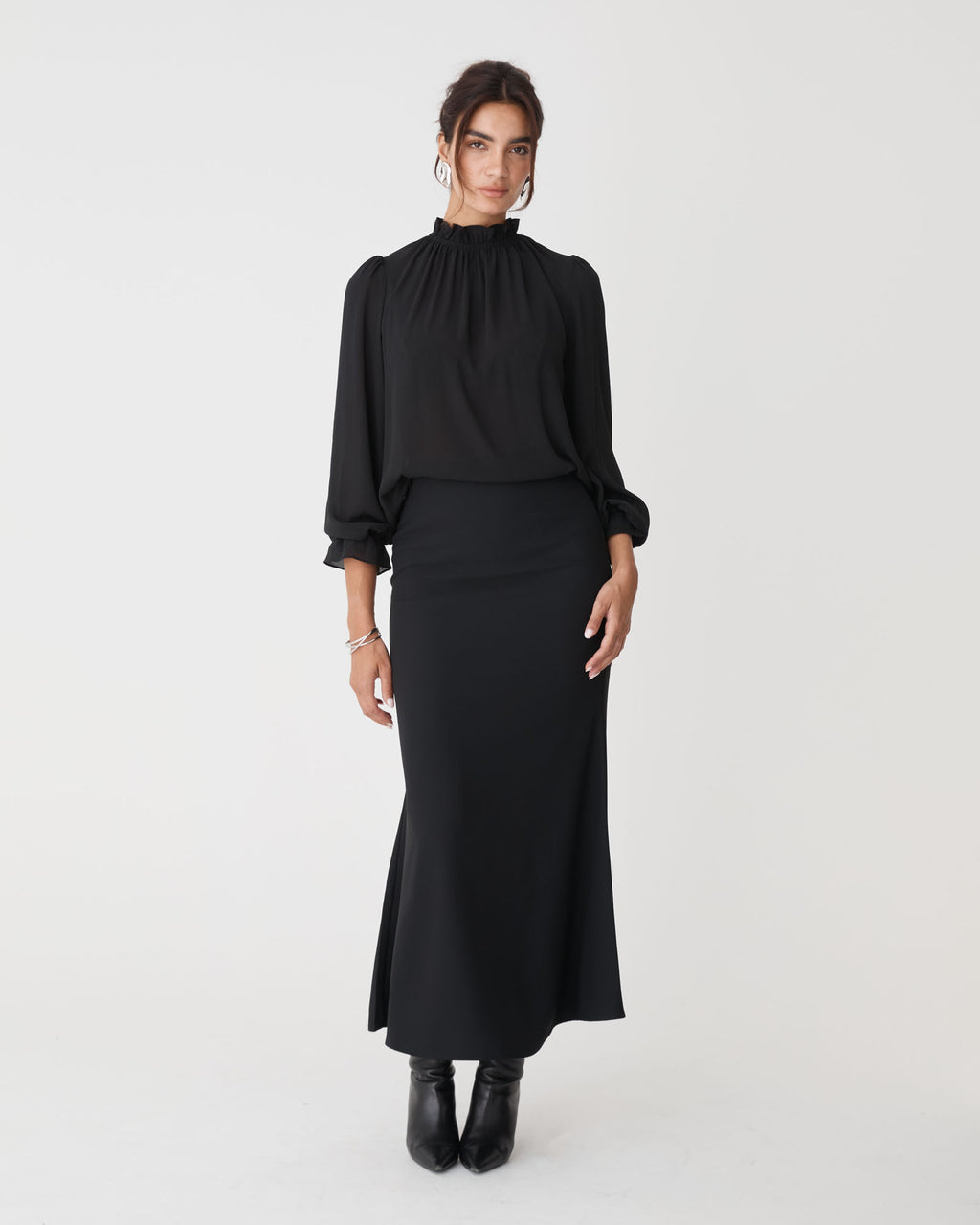 Hailey Frill Neck Blouse in black — full-length view 2