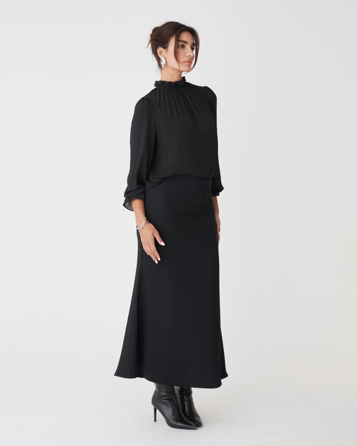 Hailey Frill Neck Blouse in black — side view