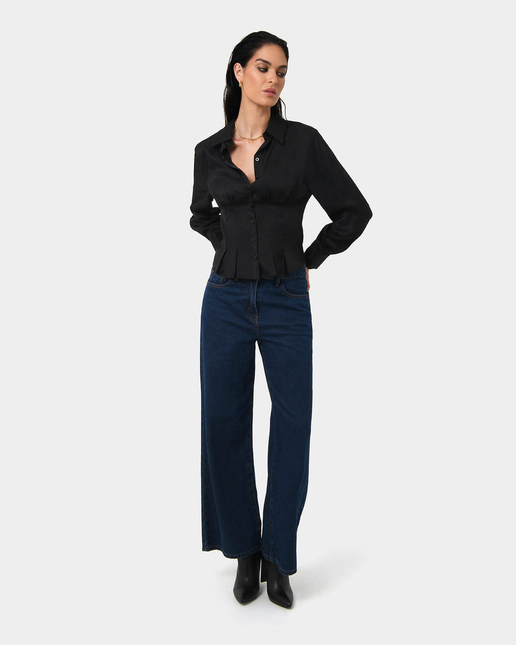 Paige Gathered Shirt in black — full-length view