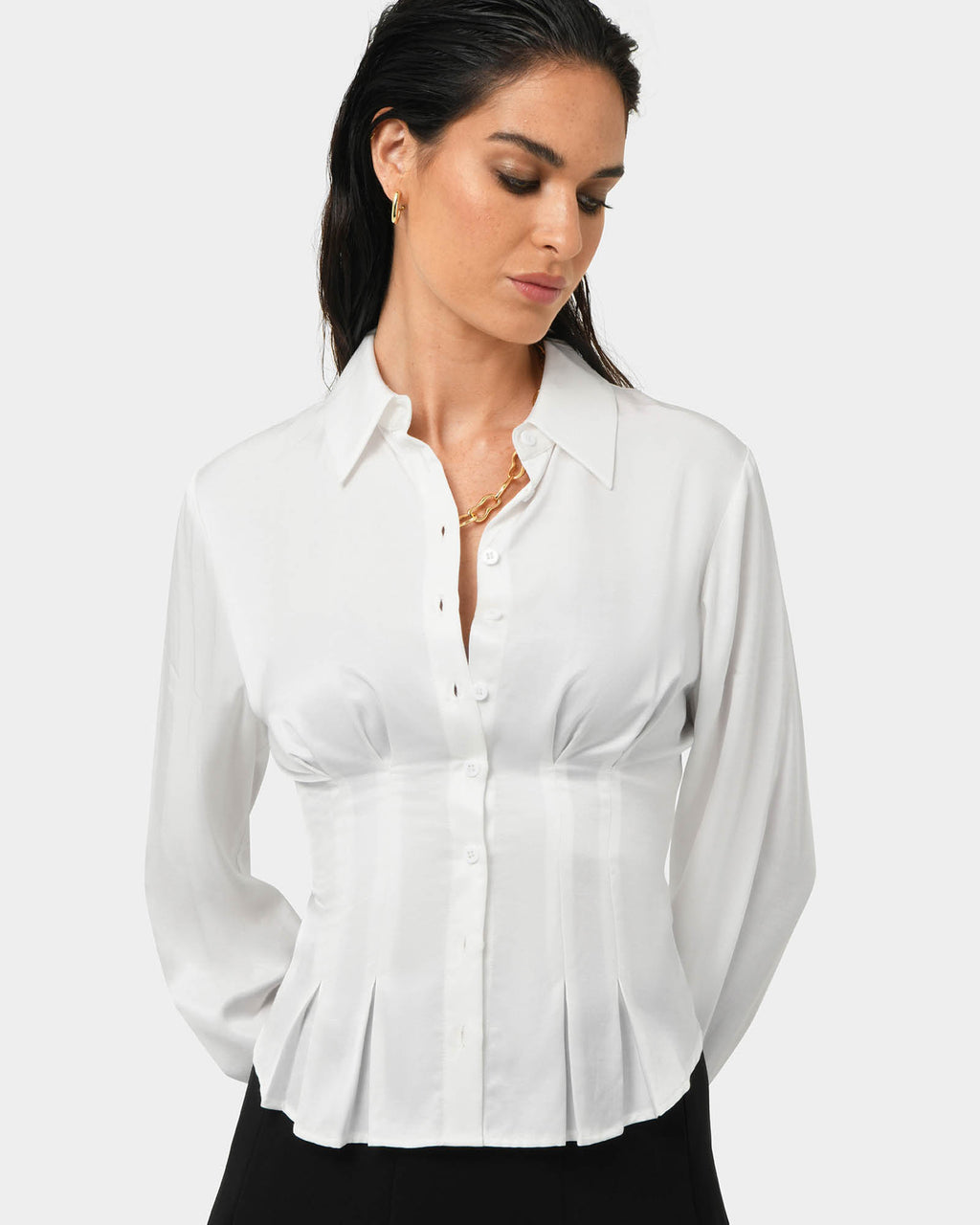Paige Gathered Shirt in ivory — close-up view