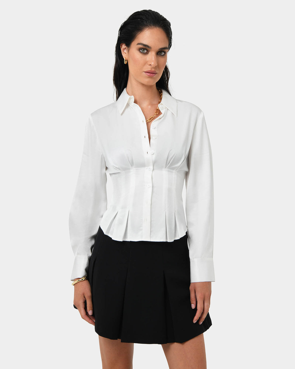 Paige Gathered Shirt in ivory — close-up view 2
