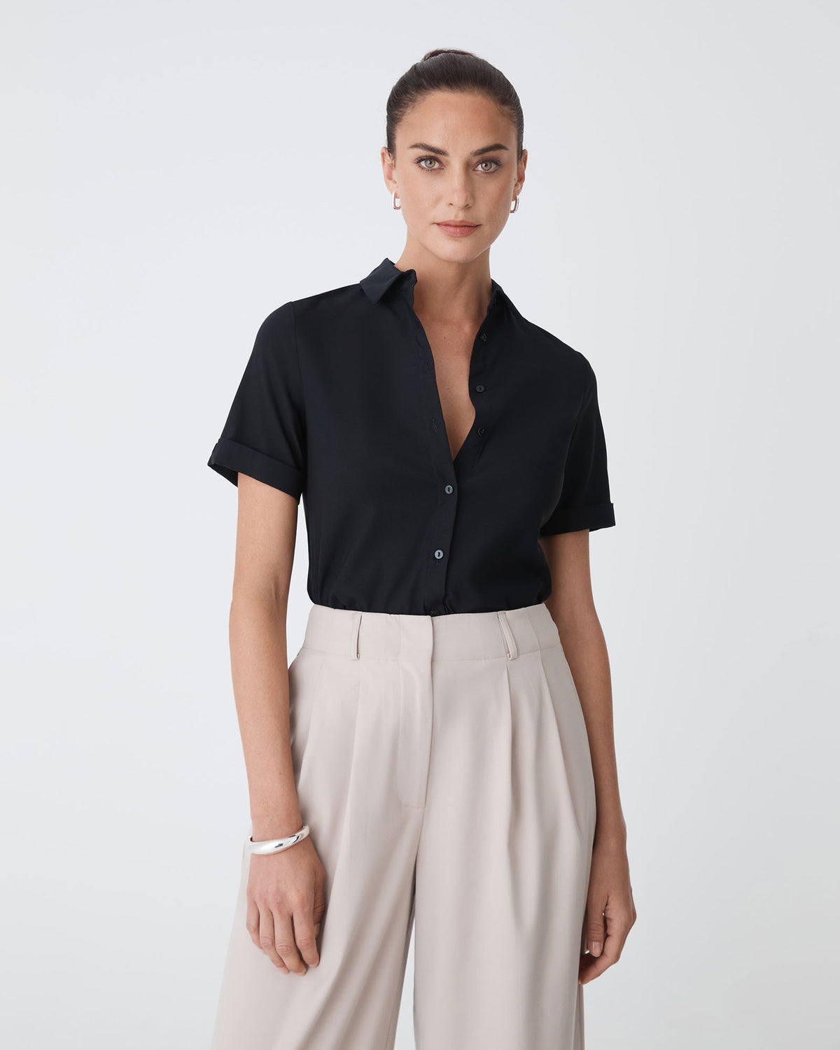 Morgan Short Sleeve Cuff Shirt in black — close-up view