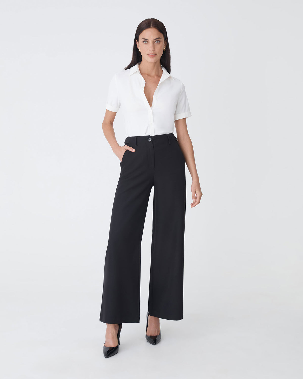 Morgan Short Sleeve Cuff Shirt in ivory — full-length view