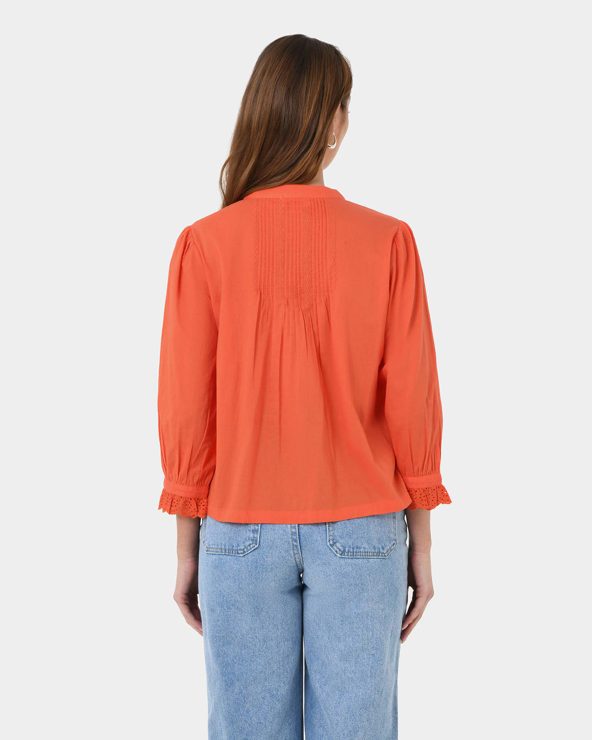 Akira Vneck Embroidery Blouse in cherry tomato — back view