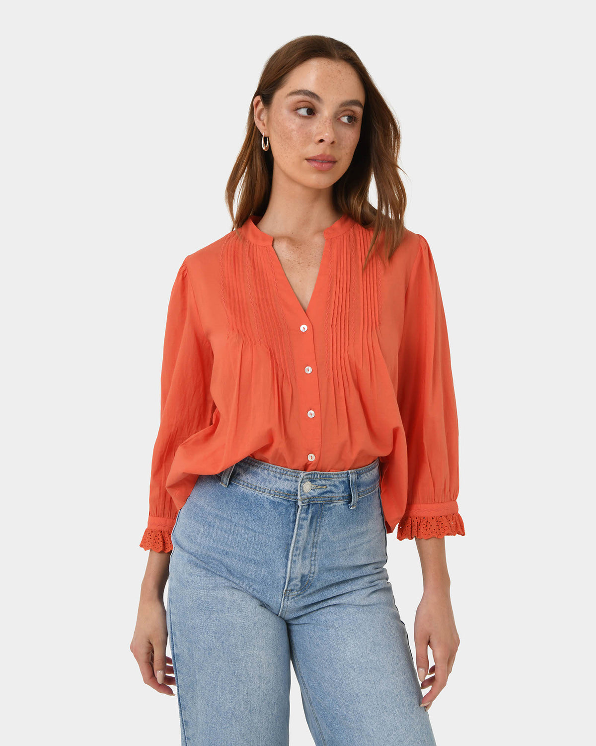 Akira Vneck Embroidery Blouse in cherry tomato — close-up view 2