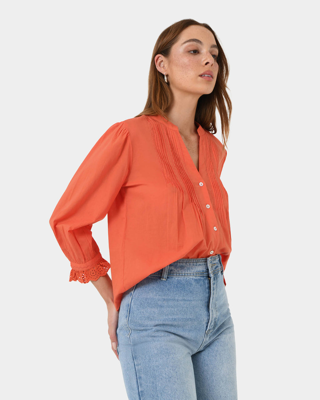 Akira Vneck Embroidery Blouse in cherry tomato — side view