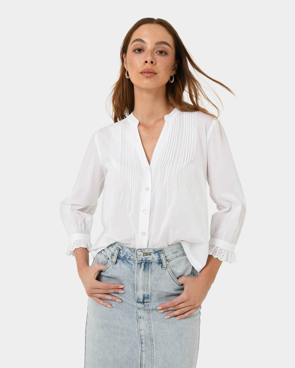Akira Vneck Embroidery Blouse in ivory — close-up view