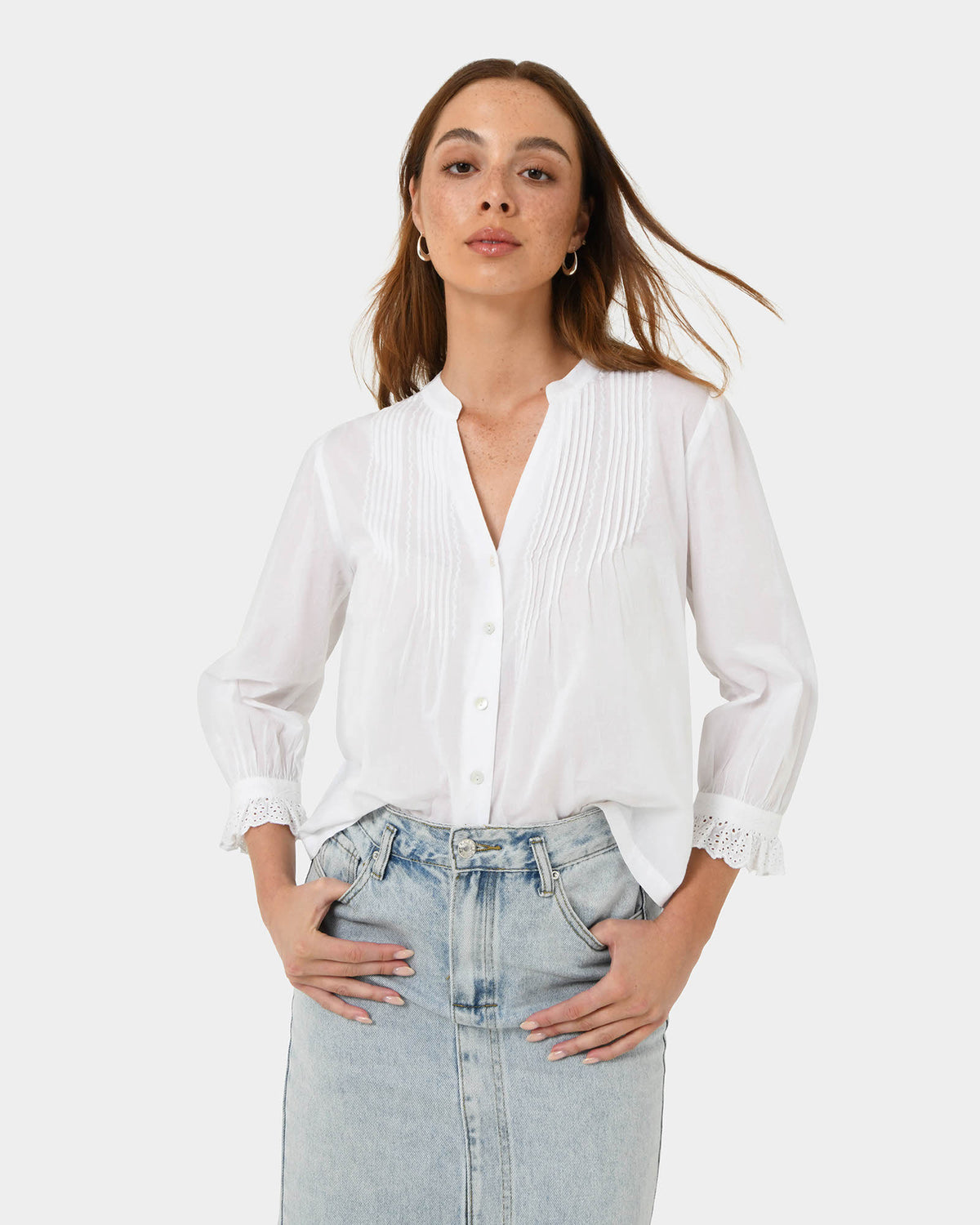 Akira Vneck Embroidery Blouse in ivory — close-up view