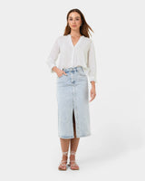 Akira Vneck Embroidery Blouse in ivory — full-length view
