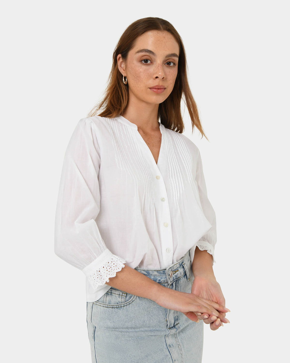 Akira Vneck Embroidery Blouse in ivory — side view