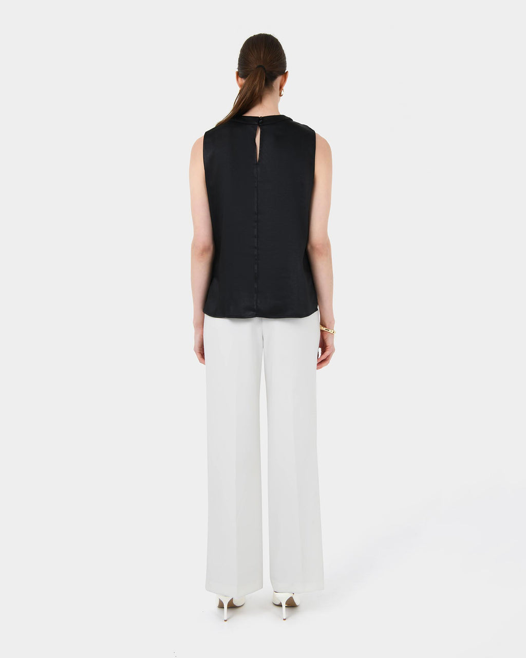 Louisa Round Neck Satin Top in black — back view