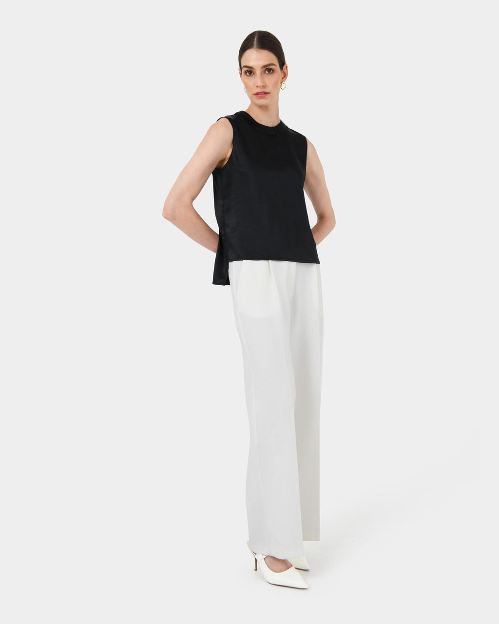 Louisa Round Neck Satin Top in black — full-length view