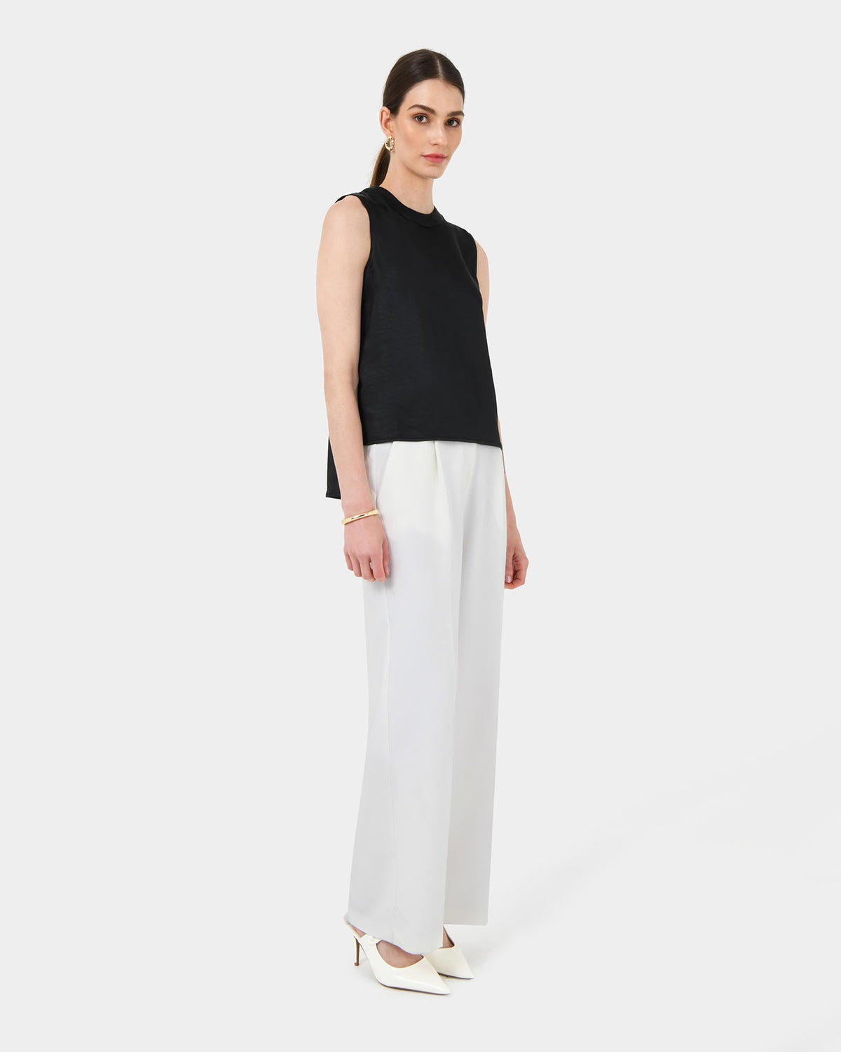 Louisa Round Neck Satin Top in black — side view