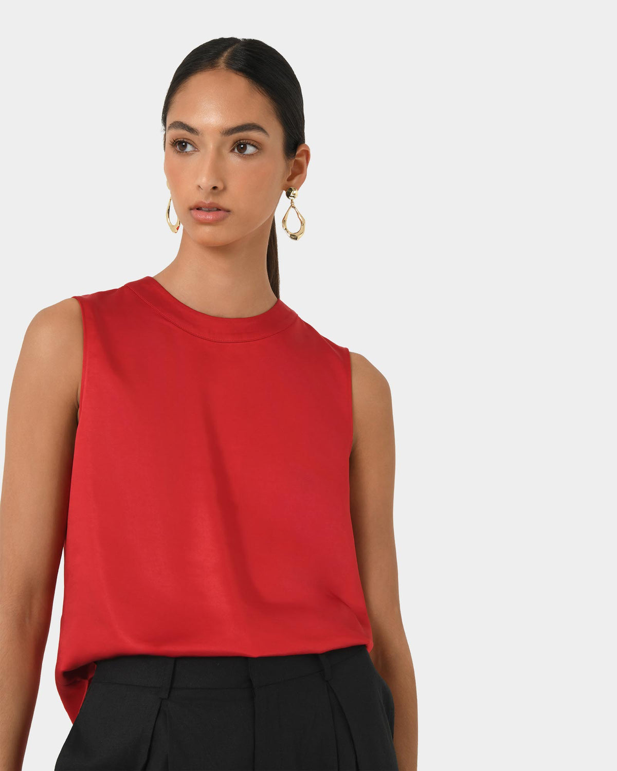 Louisa Round Neck Satin Top in red — close-up view
