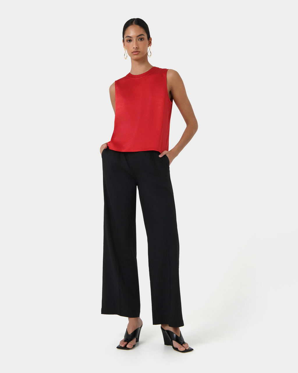 Louisa Round Neck Satin Top in red — full-length view