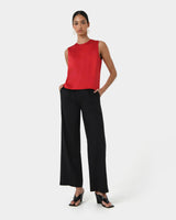 Louisa Round Neck Satin Top in red — full-length view