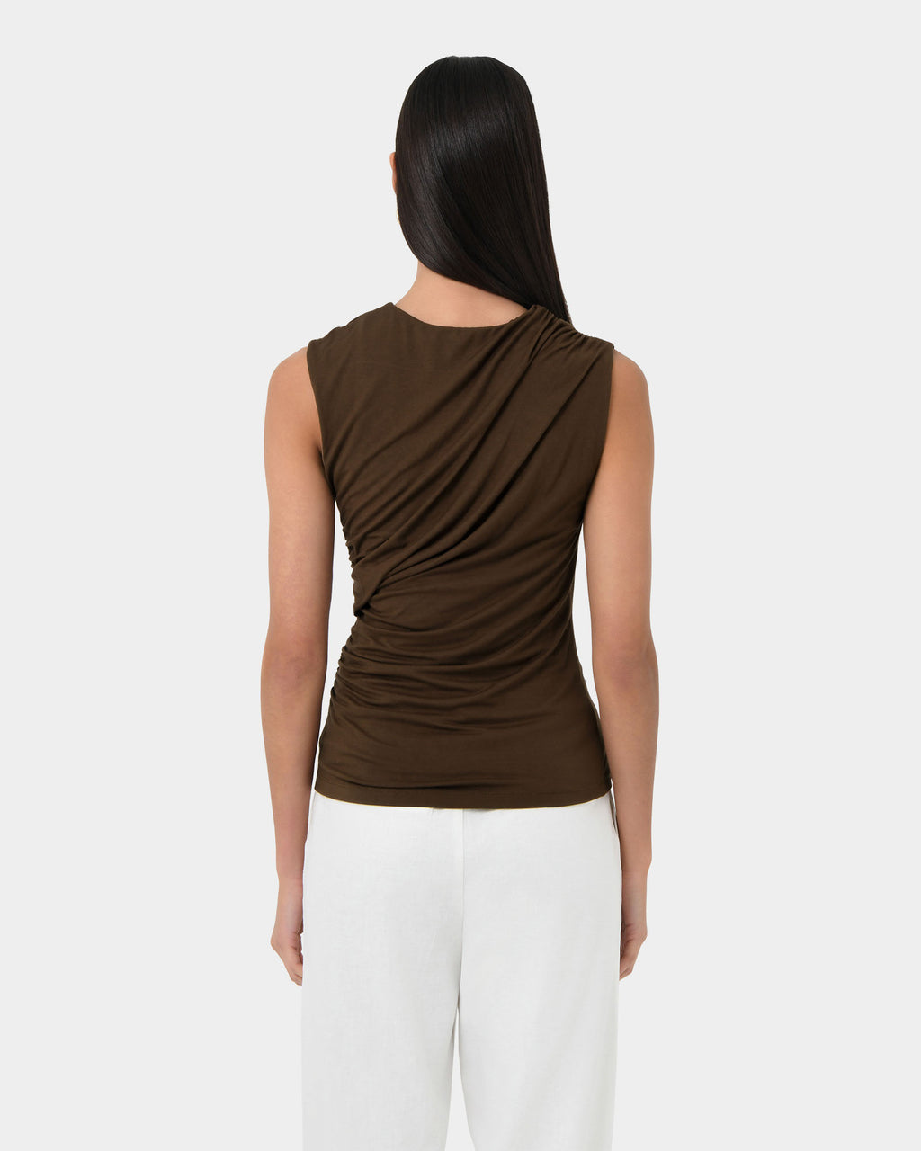 Mia Ruched Jersey Top in chocolate — back view