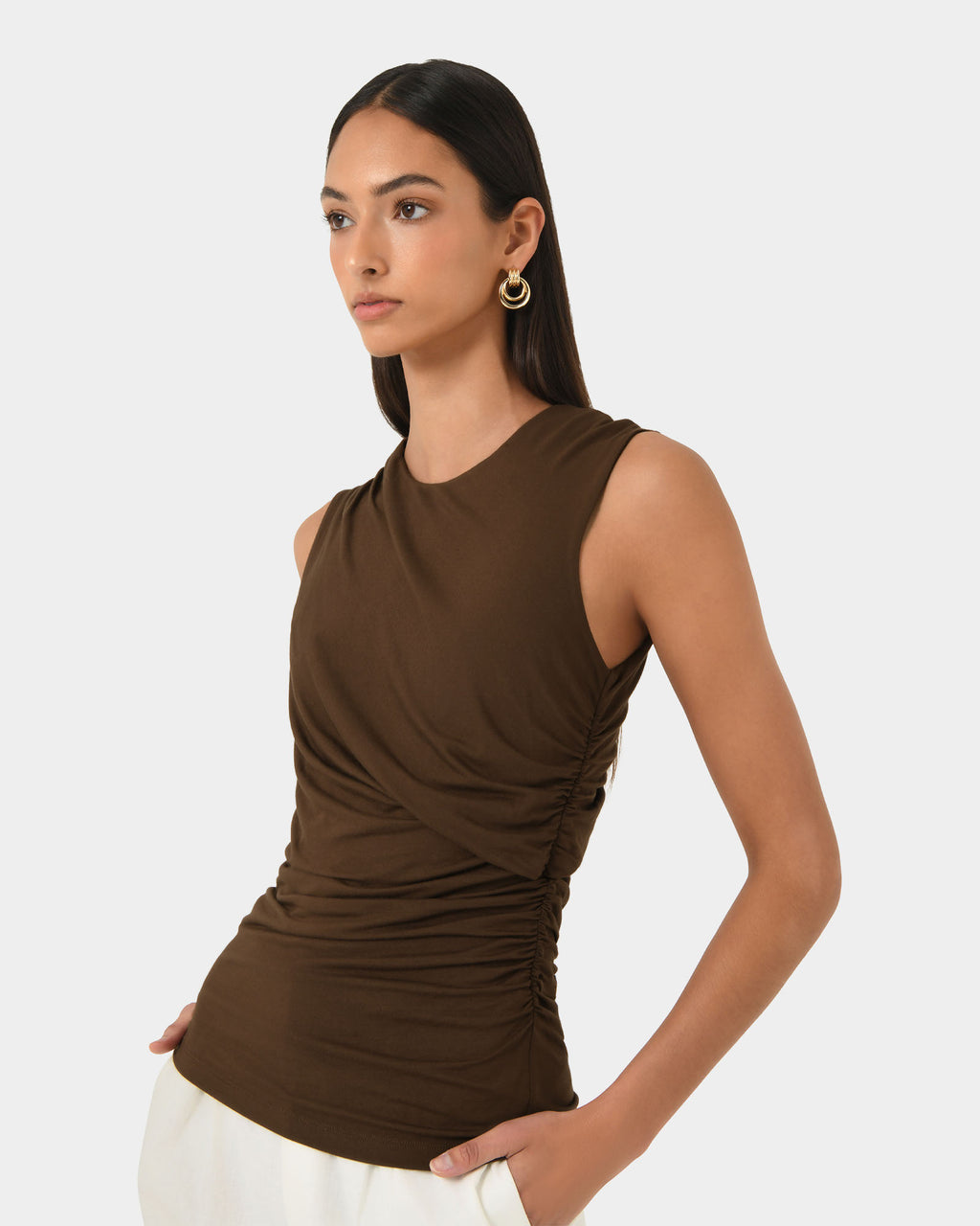 Mia Ruched Jersey Top in chocolate — close-up view