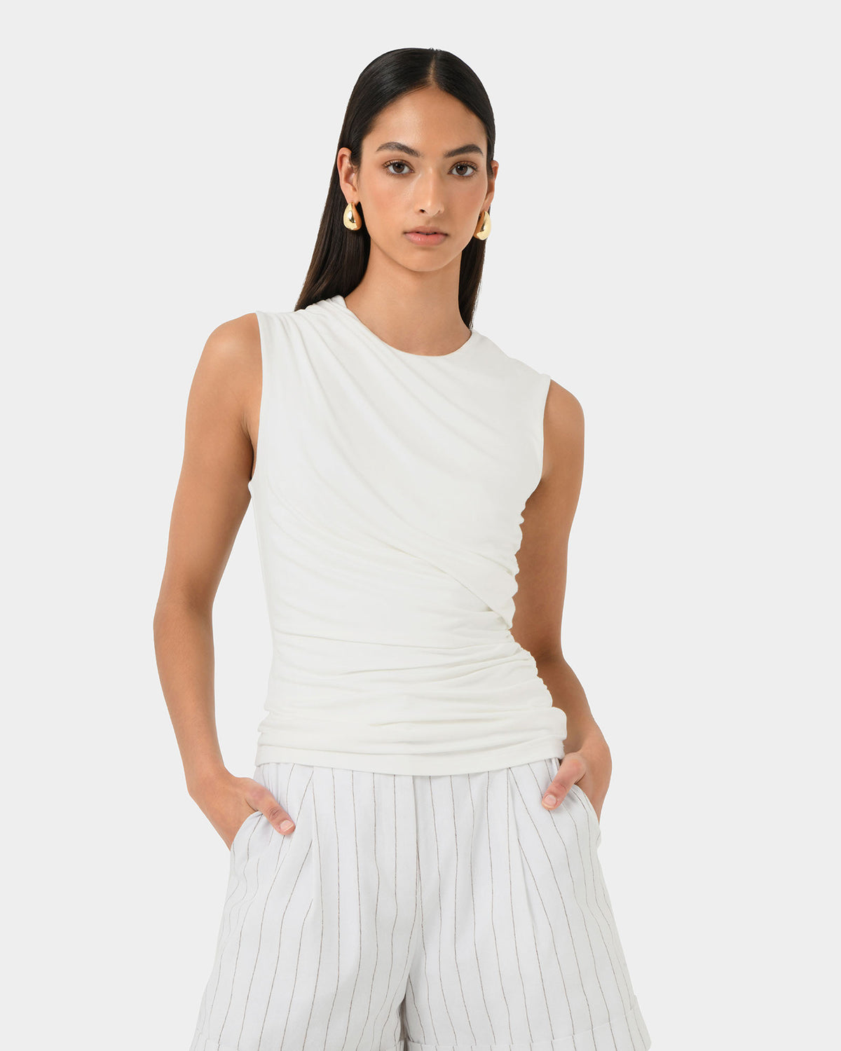 Mia Ruched Jersey Top in ivory — close-up view