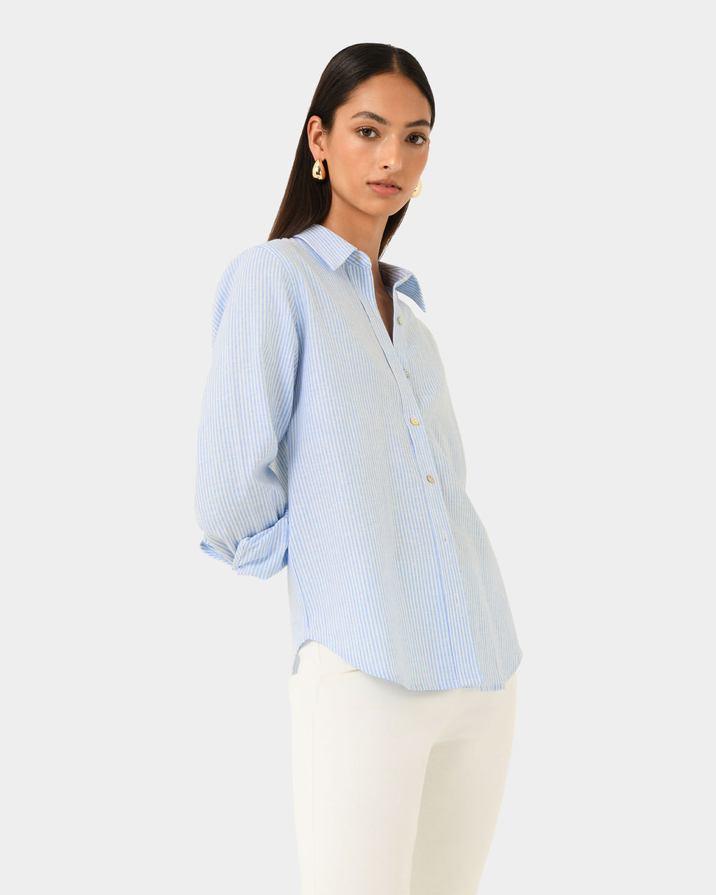 Sam Linen Relaxed Shirt in blue stripe — side view