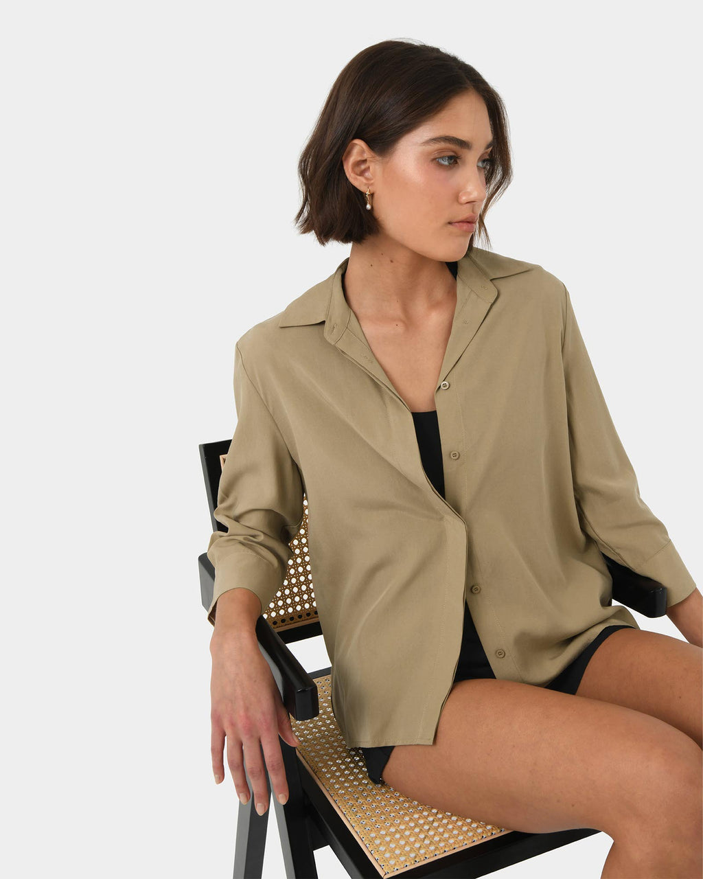 Bella 3/4 Sleeve Shirt in safari beige — close-up view