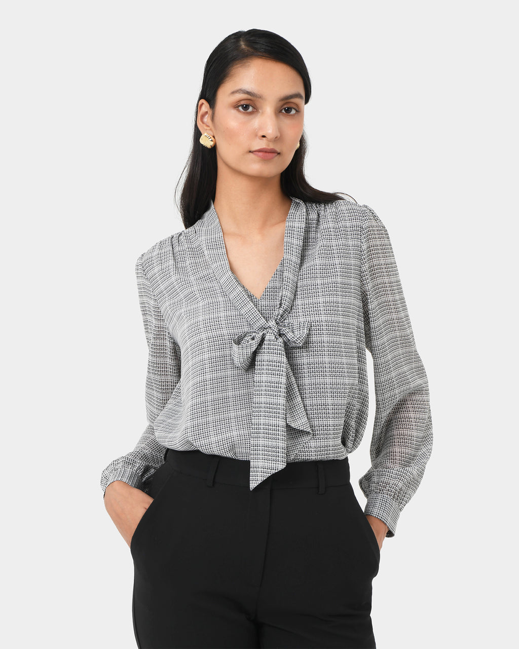Kara V-Neck Tie Blouse in ivory black — close-up view