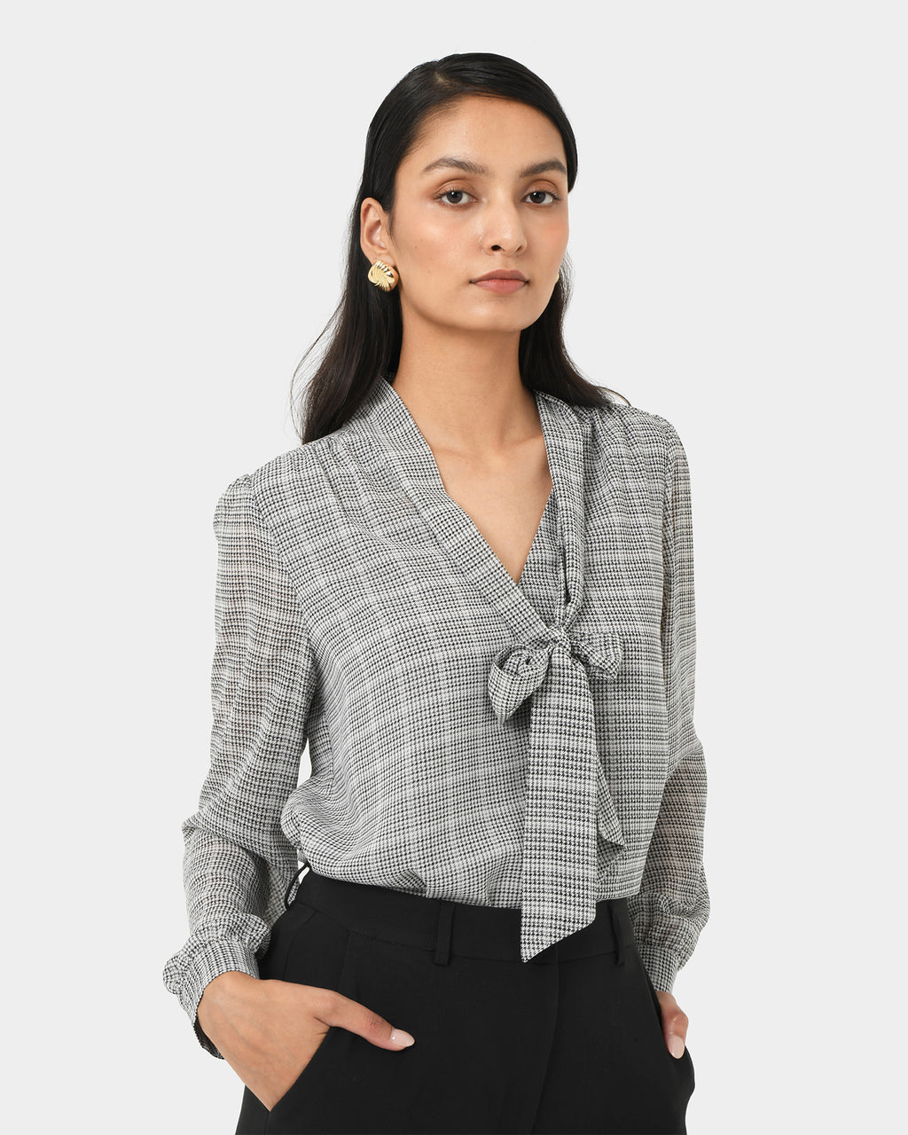 Kara V-Neck Tie Blouse in ivory black — close-up view 2