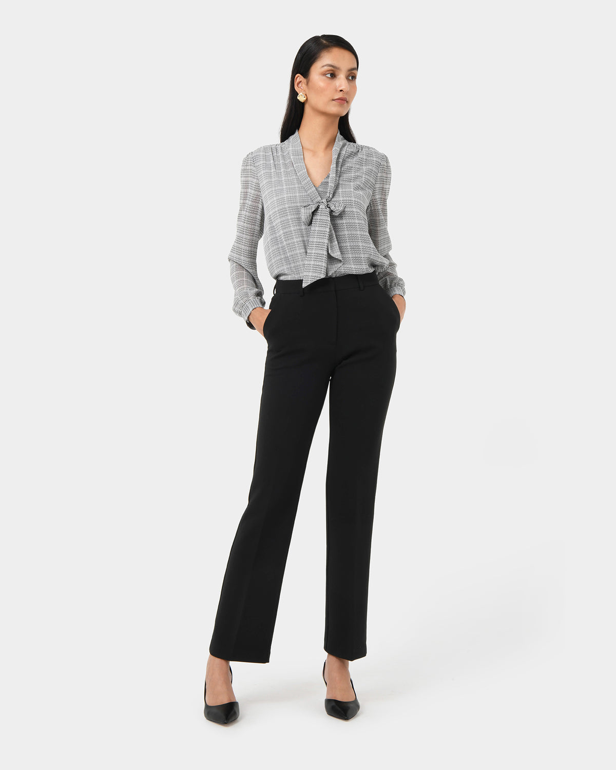 Kara V-Neck Tie Blouse in ivory black — full-length view