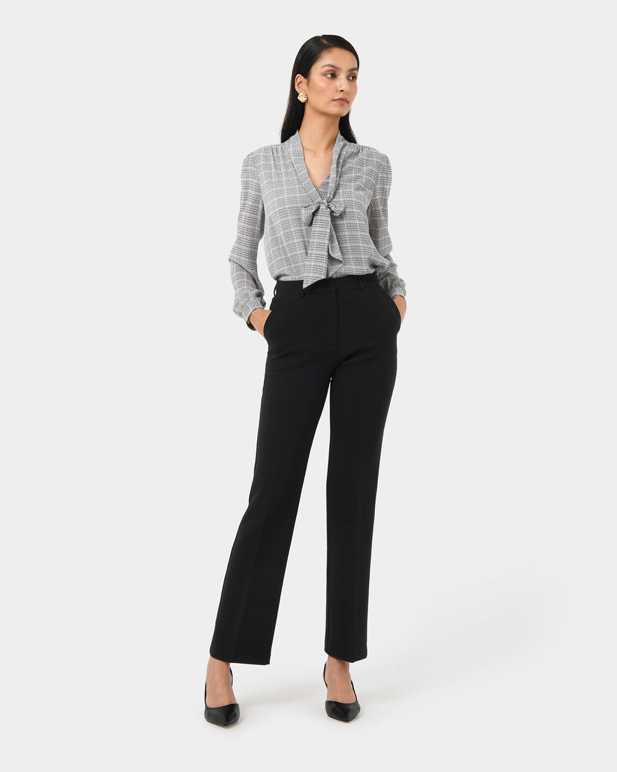 Kara V-Neck Tie Blouse in ivory black — full-length view