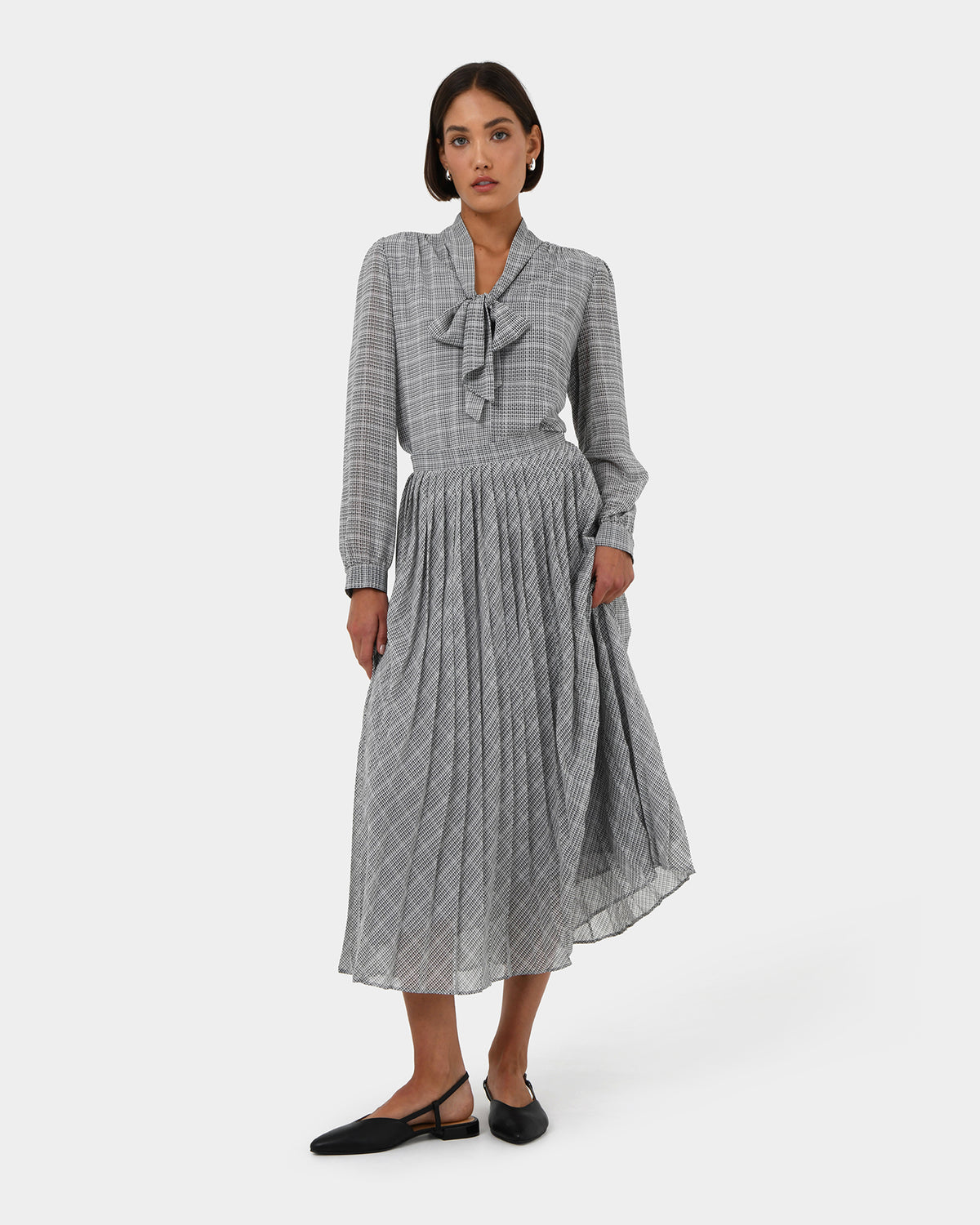 Kara V-Neck Tie Blouse in ivory black — full-length view 2