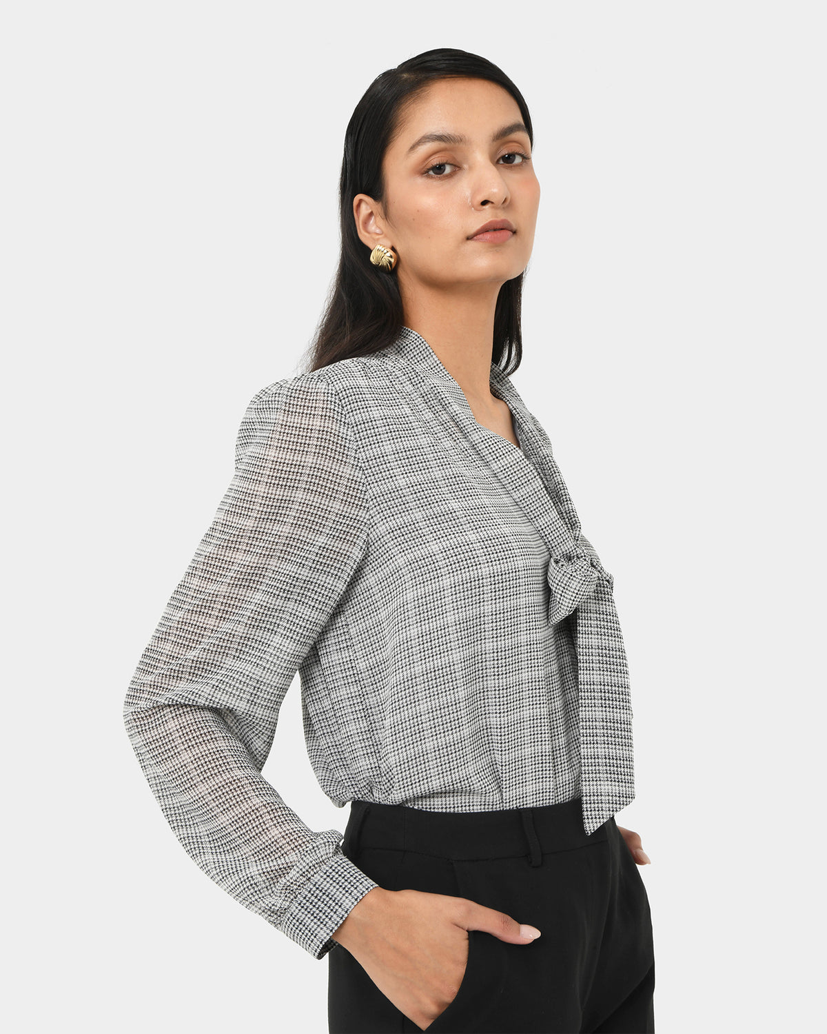 Kara V-Neck Tie Blouse in ivory black — side view