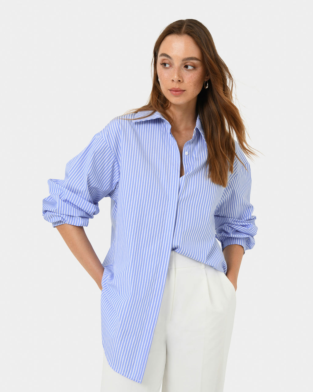 Piper Stripe Shirt in blue ivory — close-up view