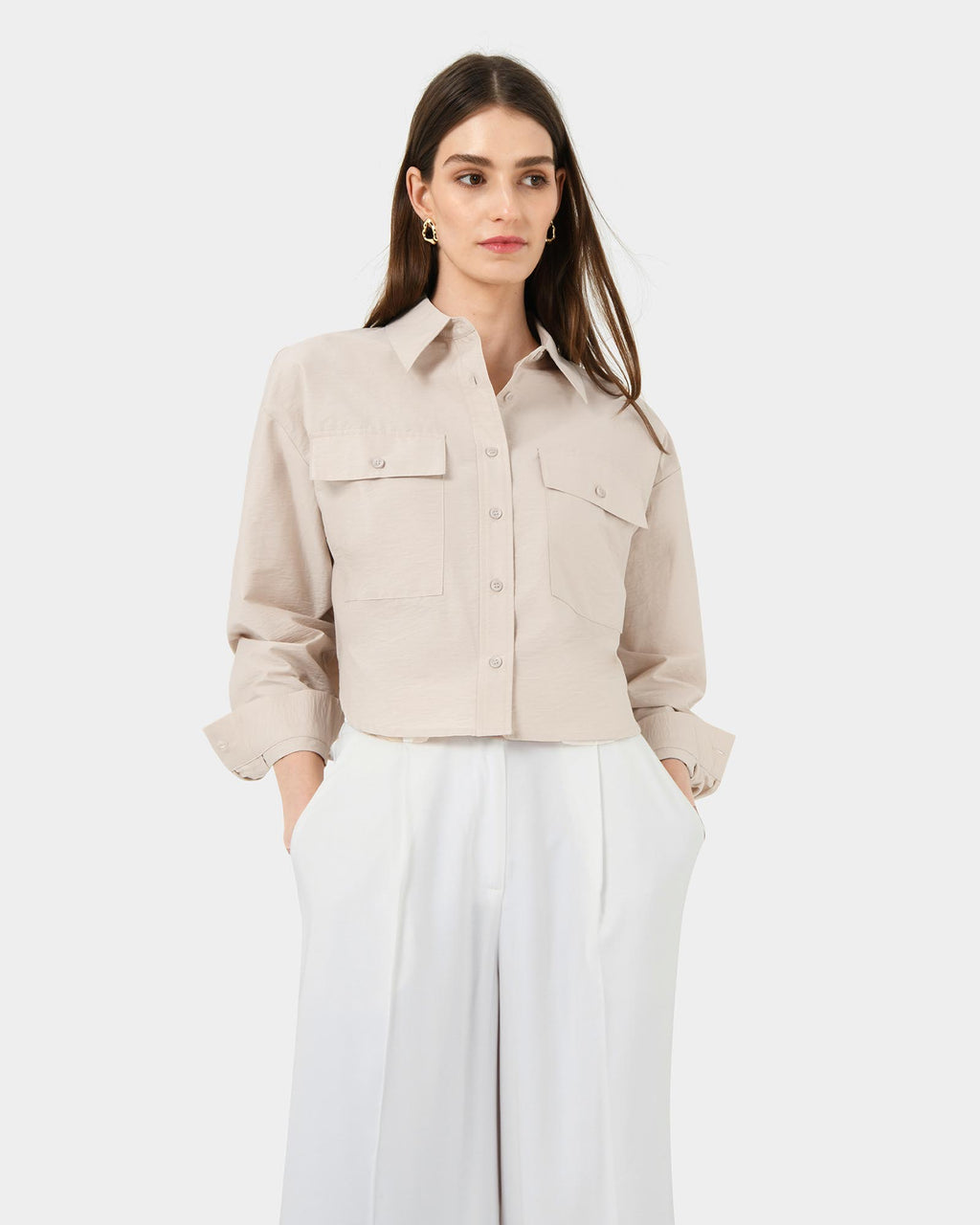 Kyla Crop Pocket Shirt in beige — close-up view