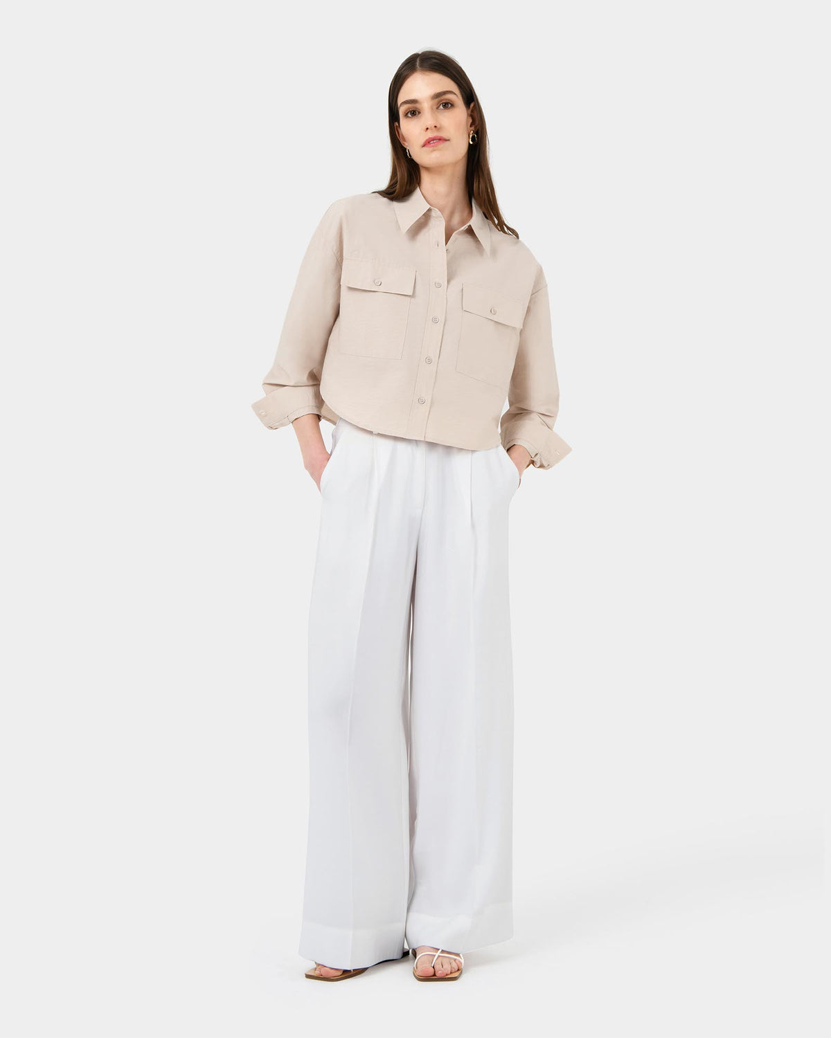 Kyla Crop Pocket Shirt in beige — full-length view