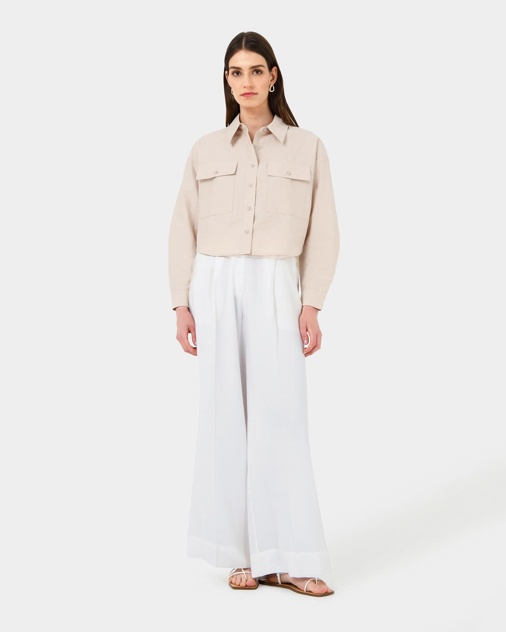 Kyla Crop Pocket Shirt in beige — full-length view 2