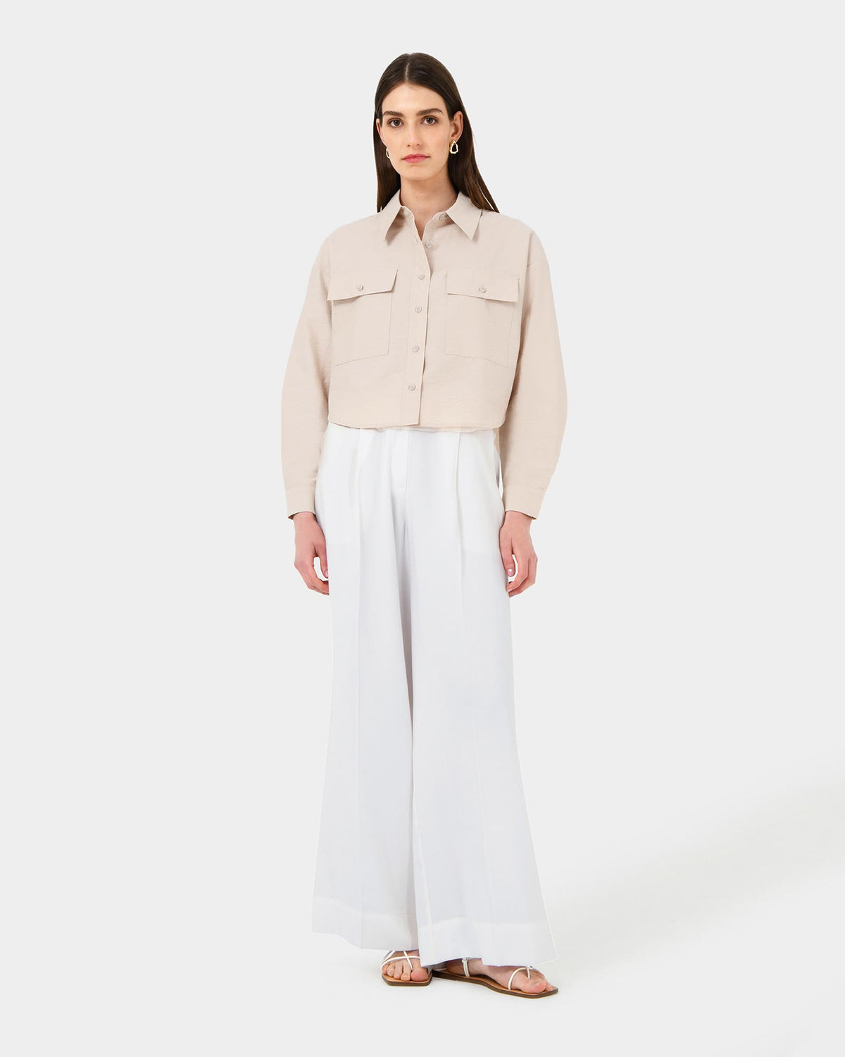 Kyla Crop Pocket Shirt in beige — full-length view 2