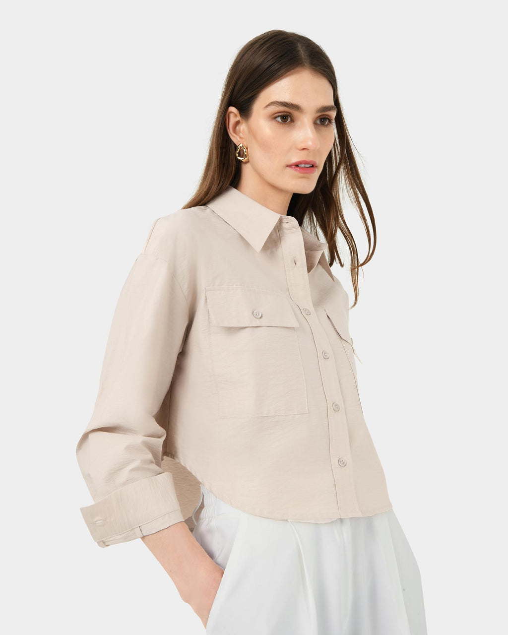 Kyla Crop Pocket Shirt in beige — side view