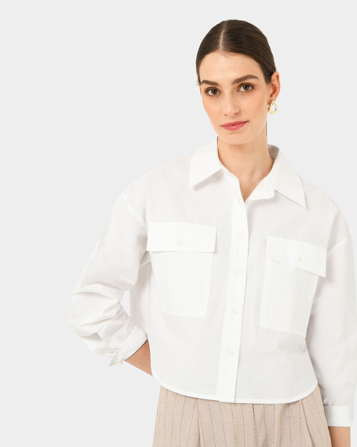 Kyla Crop Pocket Shirt in ivory — close-up view