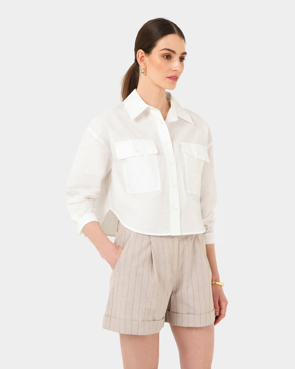 Kyla Crop Pocket Shirt in ivory — close-up view 2