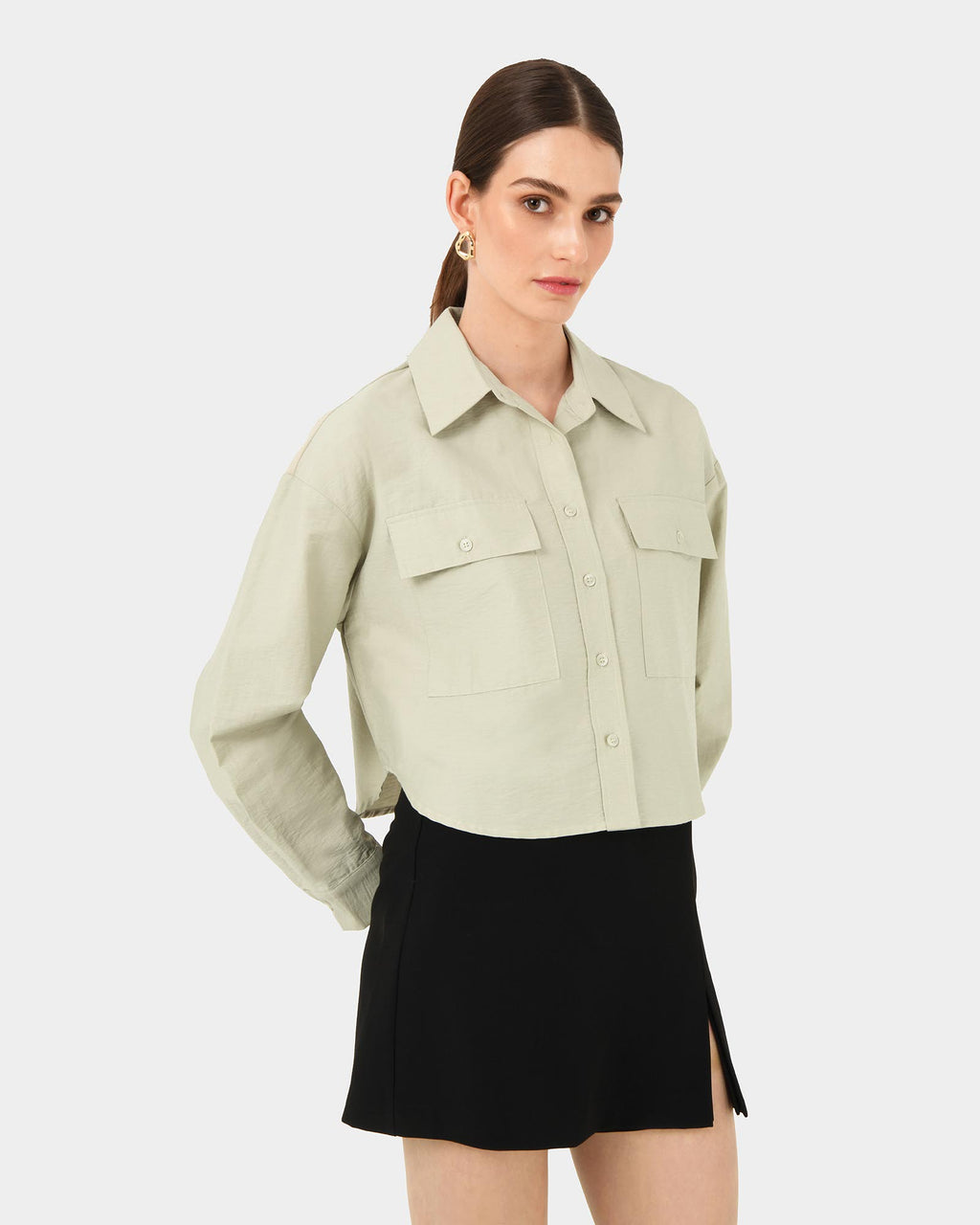 Kyla Crop Pocket Shirt in light khaki — close-up view