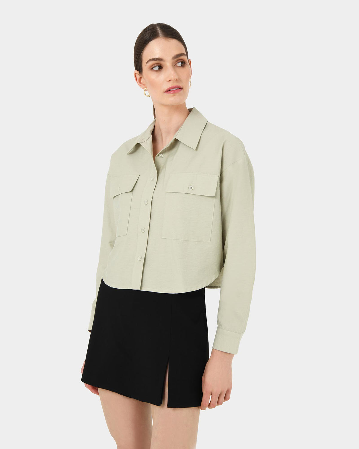 Kyla Crop Pocket Shirt in light khaki — close-up view 2