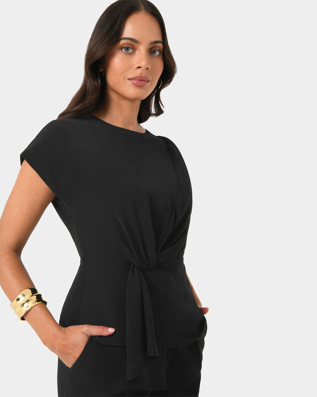 Athena Draped Top in black — close-up view