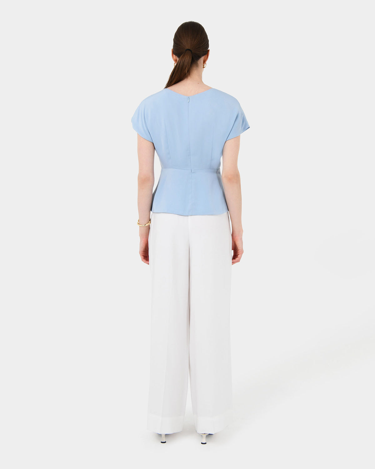 Athena Draped Top in sky blue — back view