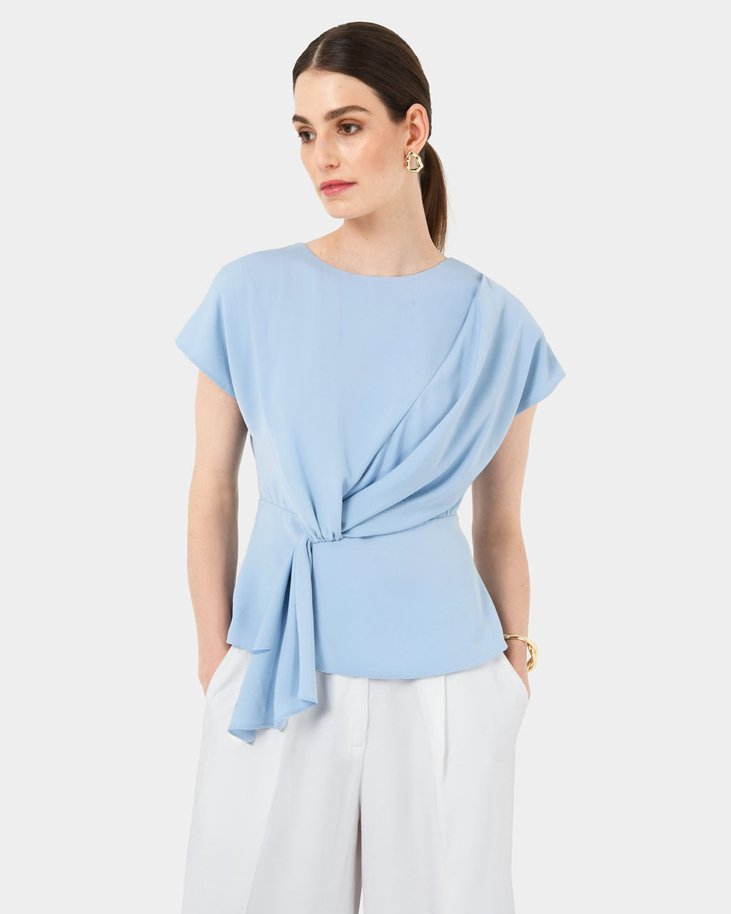 Athena Draped Top in sky blue — close-up view