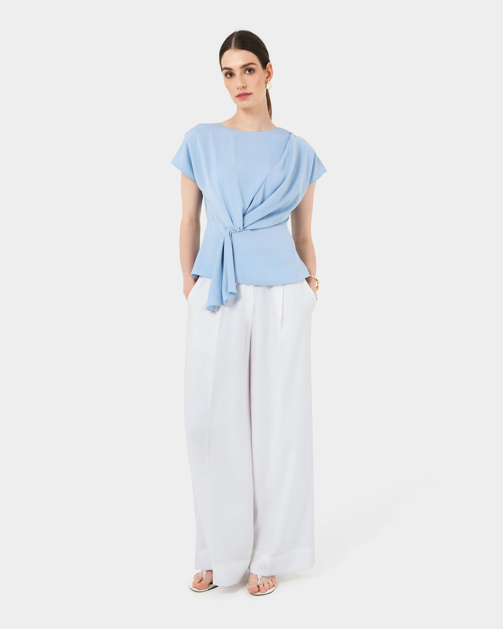 Athena Draped Top in sky blue — full-length view