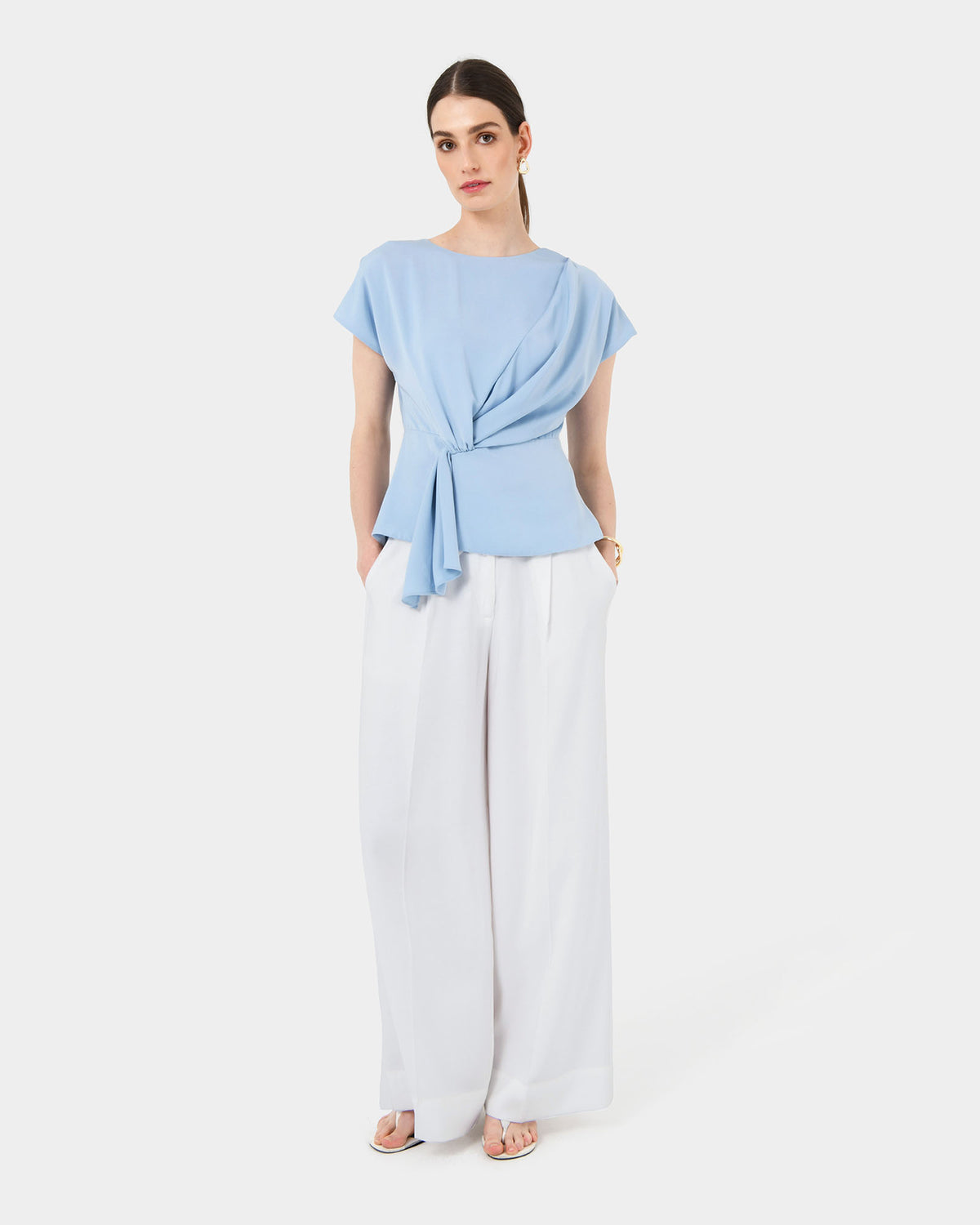 Athena Draped Top in sky blue — full-length view