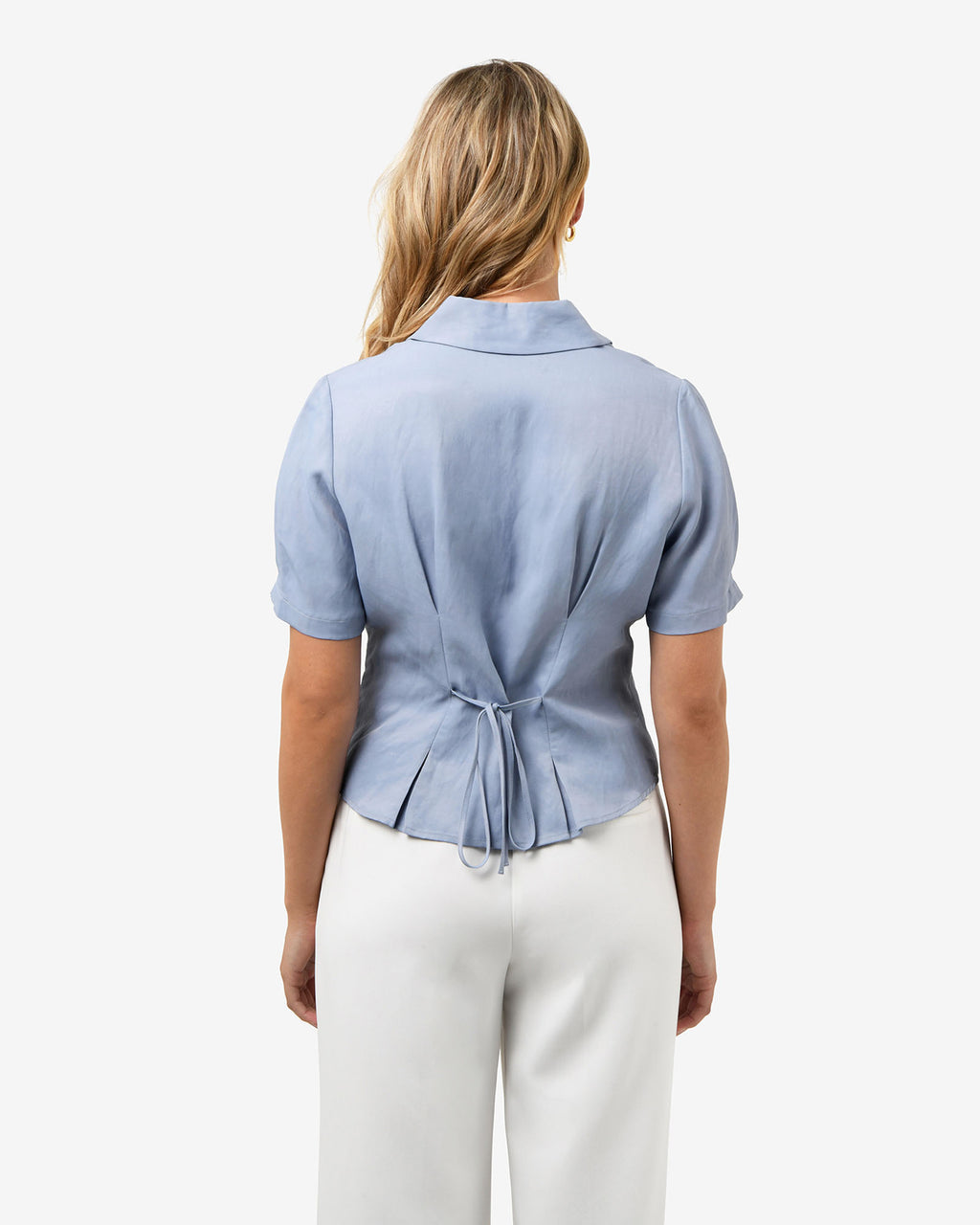 Paige Short Sleeve Blouse in dusk blue — back view
