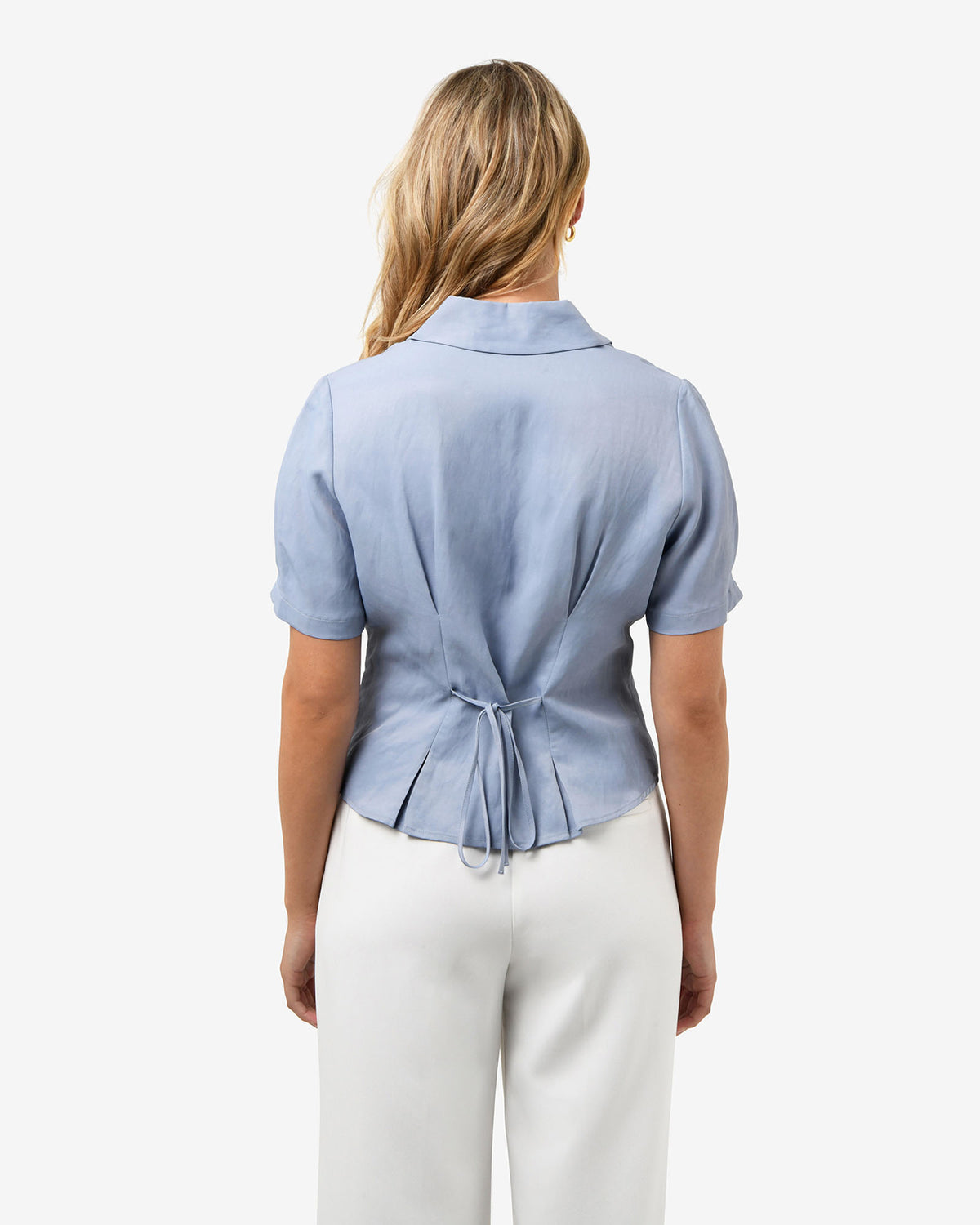 Paige Short Sleeve Blouse in dusk blue — back view
