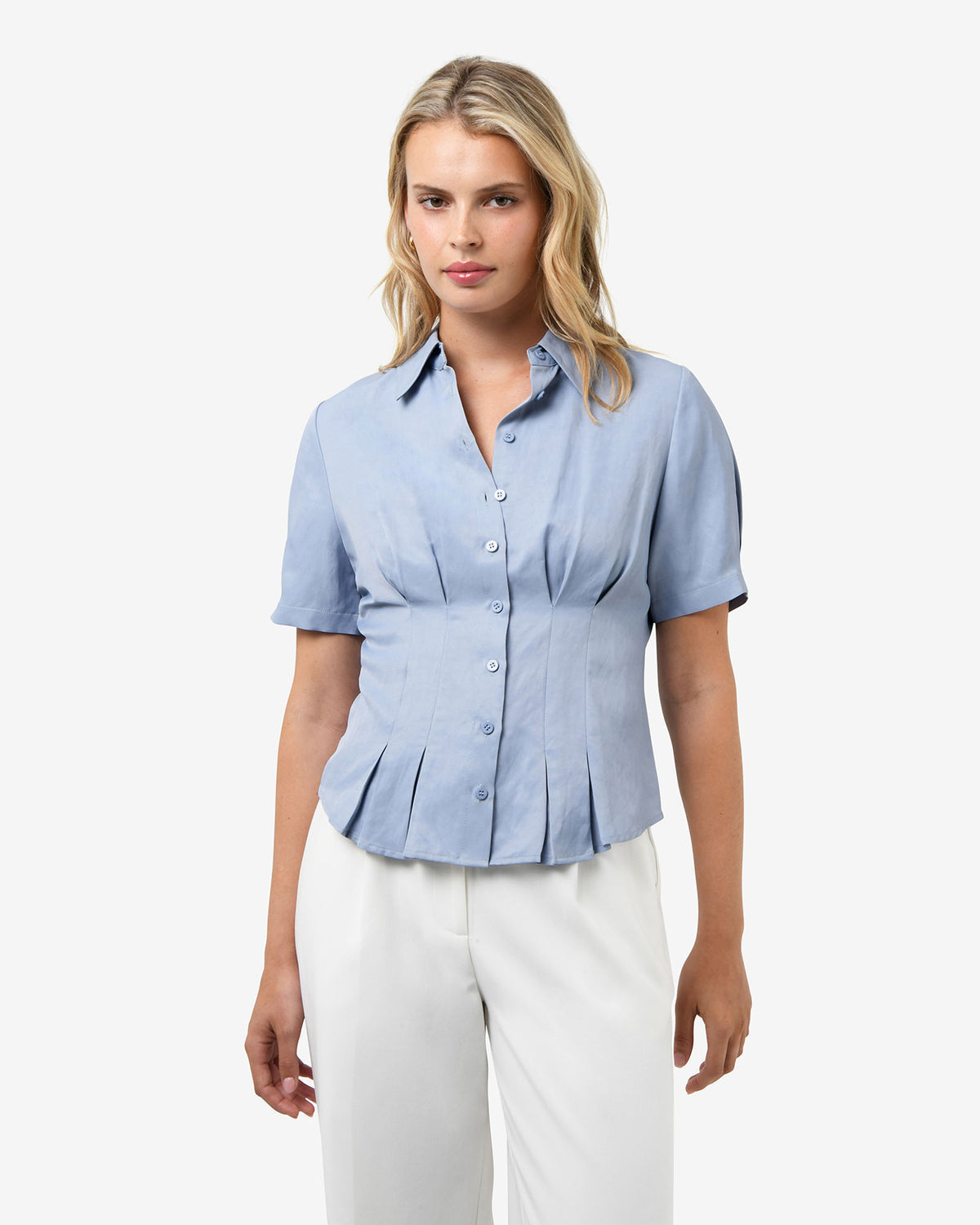Paige Short Sleeve Blouse in dusk blue — close-up view